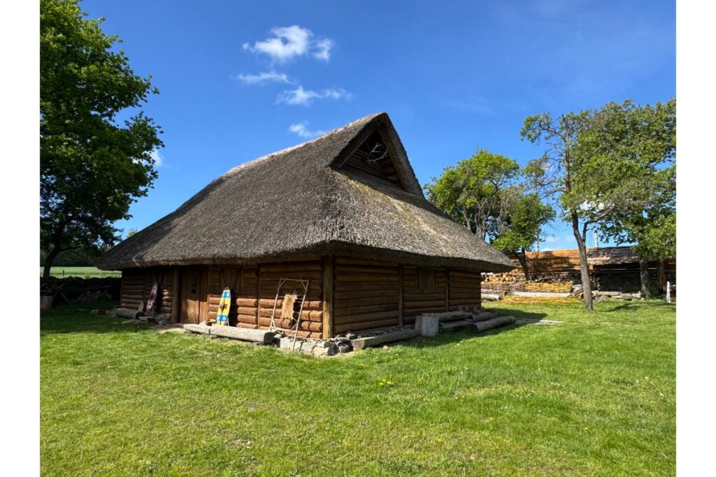 Keltský skanzen Jivjany – detail dřevěného keltského domu s doškovou střechou